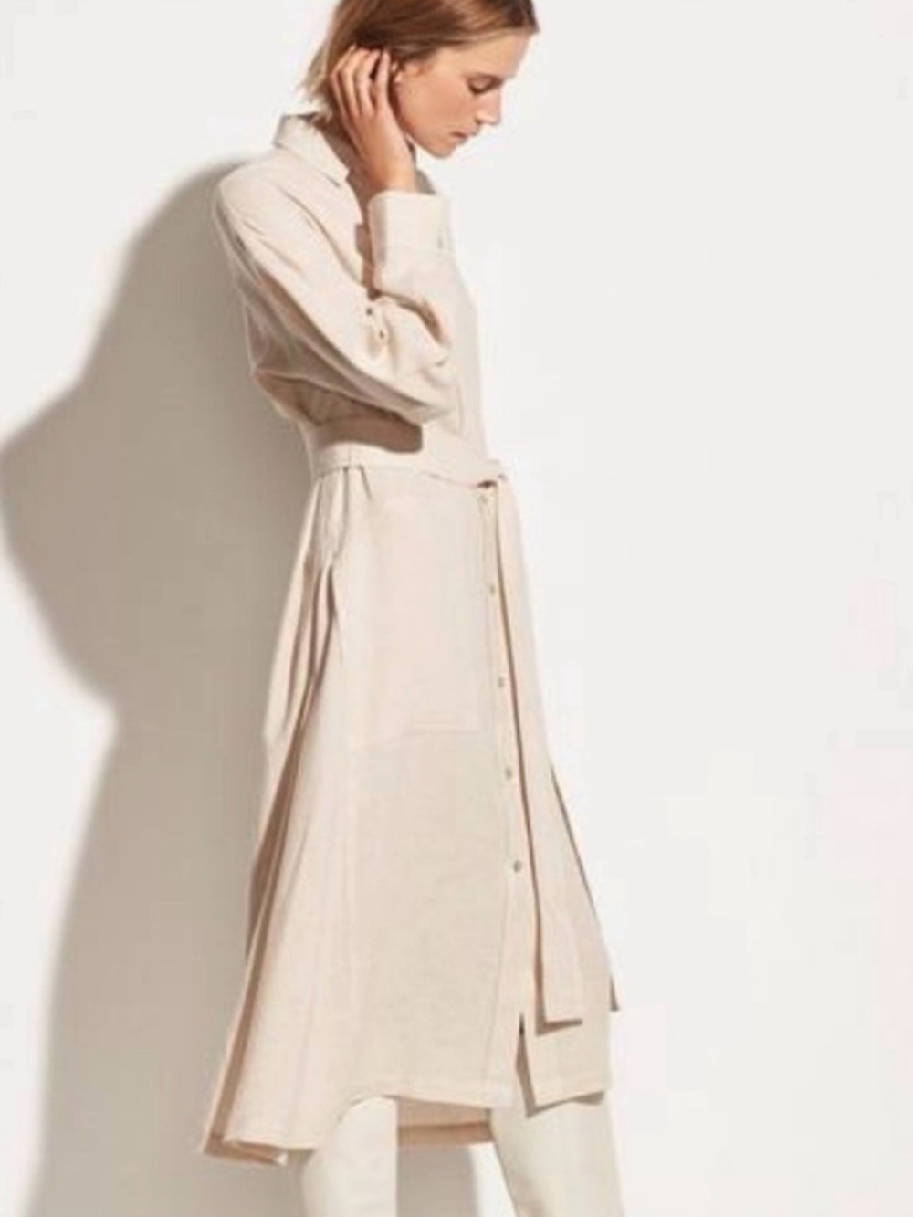 Vince Dove Oat Italian Fabric Belted Shirt Dress XS Neutral Midi Cotton Blend - Picture 5 of 12